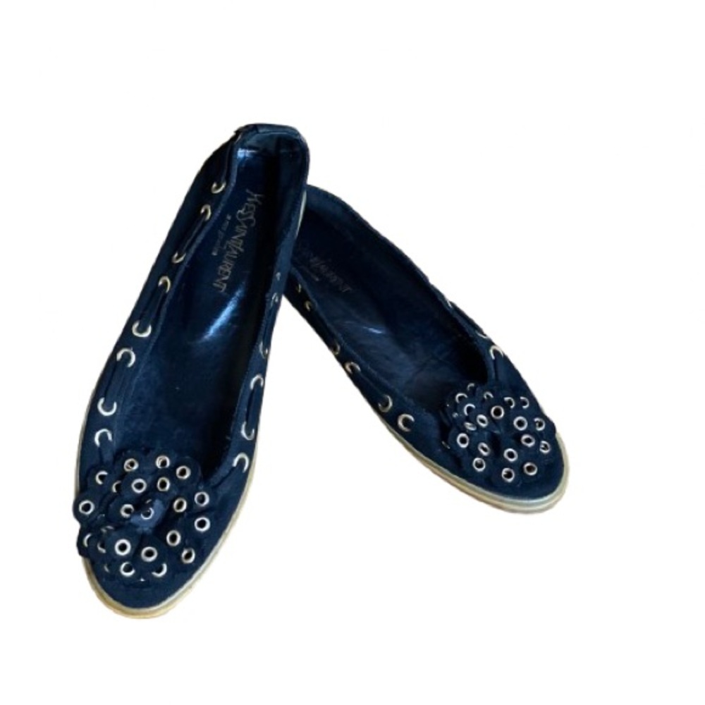 Yves Saint Laurent Navy Blue Eyelet Leather Flats